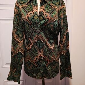 Jones New York Green and Tan Paisley Button-Down Shirt
